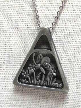 Pewter Style Pendant Necklace Triangle Shape Butterfly & Flowers Nakagawa Pretty